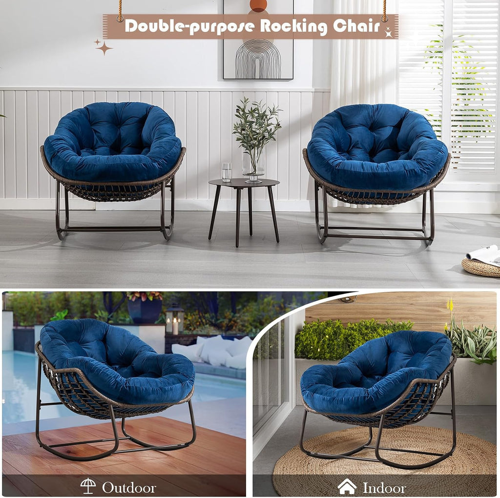 Outdoor Rocking Chair, Indoor Rattan Rocker Egg Chair, Comfy Oversized Papasan Chair with Thicker Cushion for Patio, Front Porch, Backyard, Garden, Balcony, Lounge, Living Room, Patio,Navy