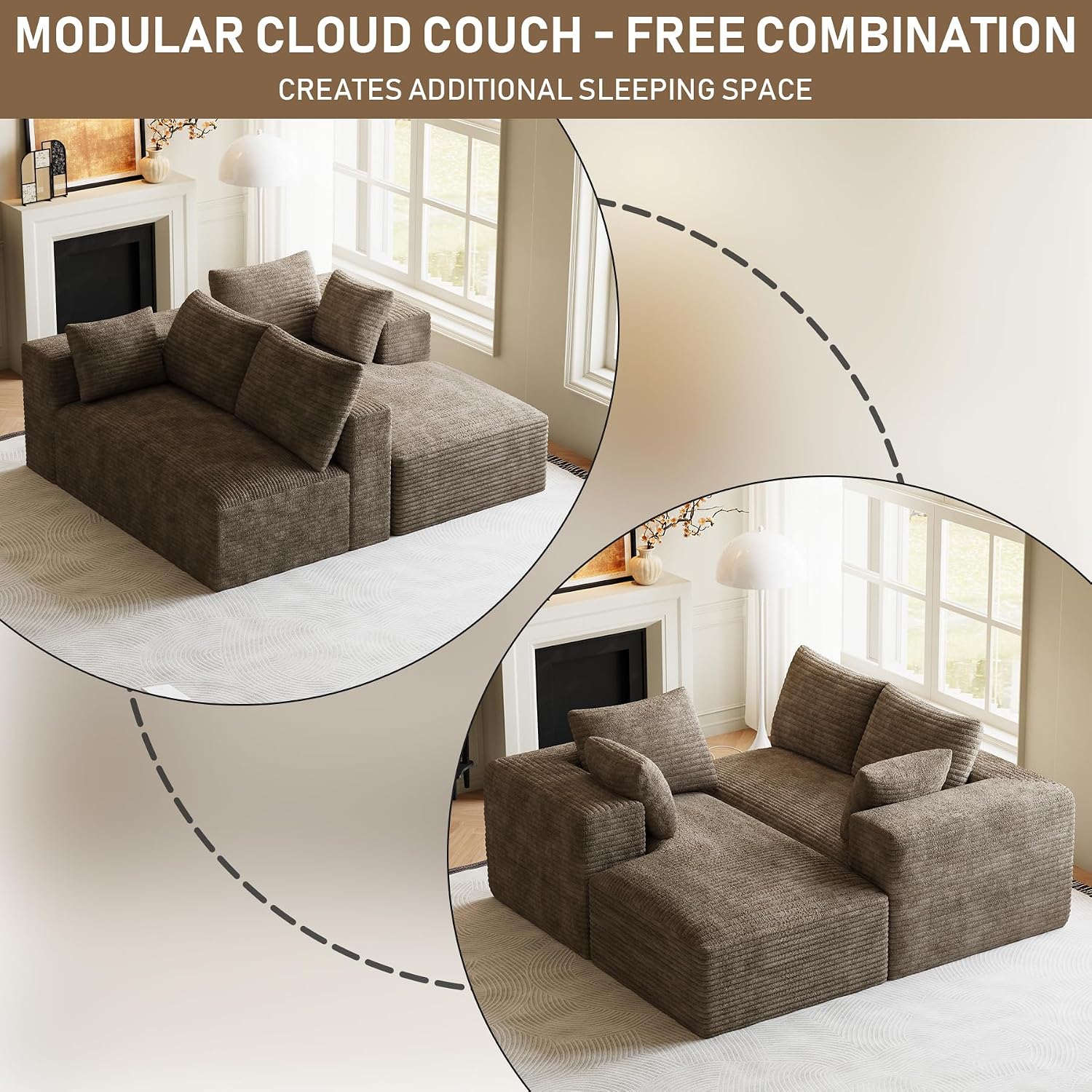 107' L-Shaped Boneless Sectional Couches for Living Room, Comfy Corduroy Fluffy Cloud Couch, Deep Seat Memory Foam Plush Modular Sectional Sofa with Left-Facing Chaise, No Assembly, Brown
