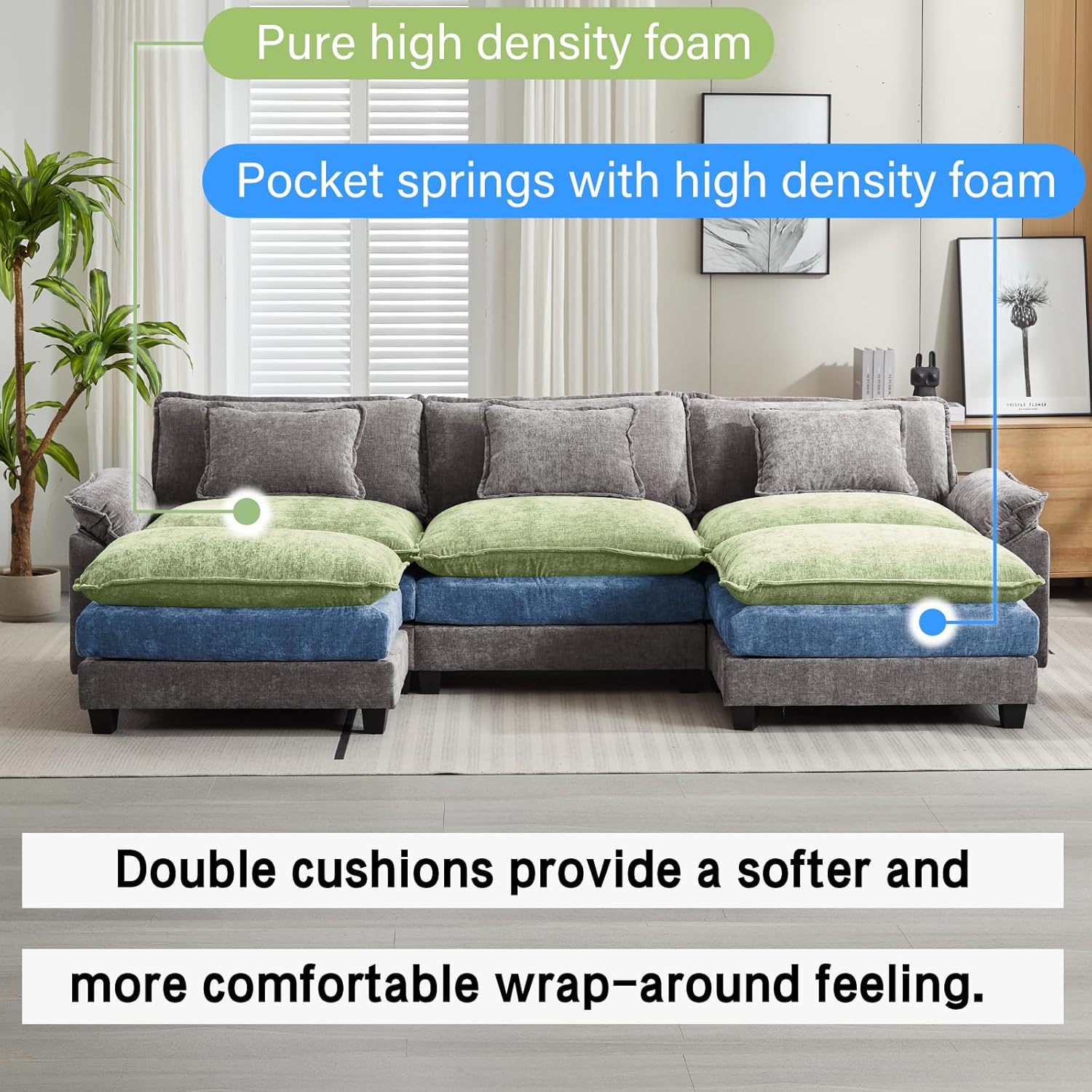 Oprisen 120' Modular Sectional Sofa, Comfy Cloud Couch Sectional Sofa with Ottoman, Chenille Sofa Sleeper Deep Seat Sofa with Throw Pillows for Living Room (Light Gray, 120'- U Shape)