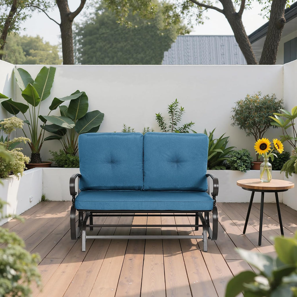 SUNCROWN Outdoor Swing Glider Chair, Patio 2 Seats Loveseat Rocking Chair with Cushions, Steel Frame Furniture - Peacock Blue