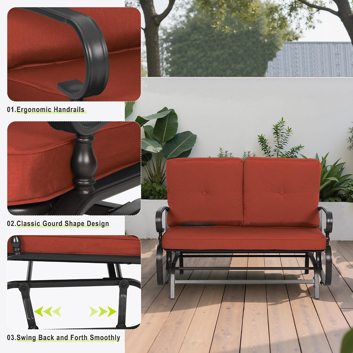 SUNCROWN Outdoor Swing Glider Chair, Patio 2 Seats Loveseat Rocking Chair with Cushions, Steel Frame Furniture-Red