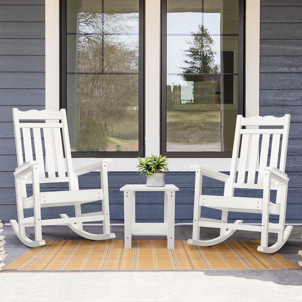 Stoog Set of 2 Outdoor Rocking Chairs, HIPS Plastic Porch Rocker with 400 lbs Weight Capacity, for Backyard, Fire Pit, Lawn, Garden and Indoor, White