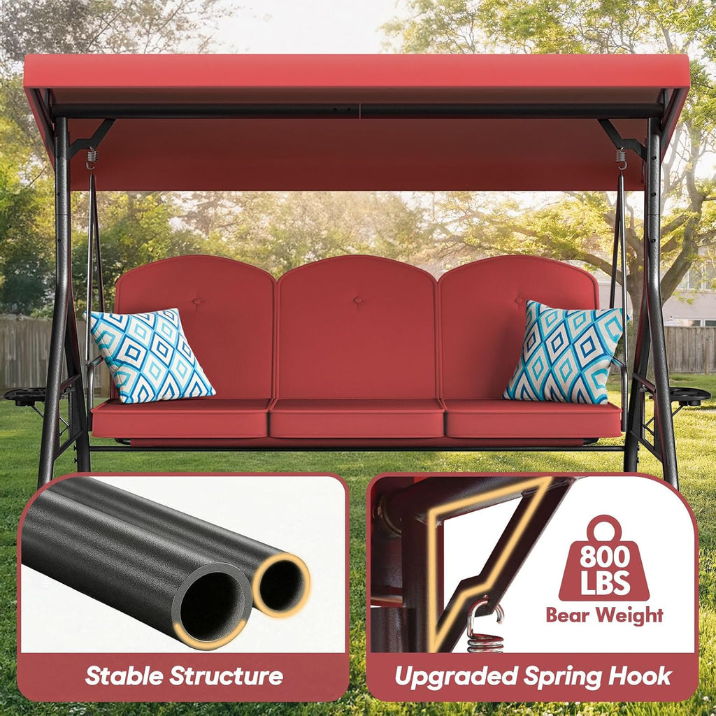 ZZW 3 Seat Outdoor Porch Patio Swing with Stand 800lbs 2-in-1 Convertible Swing Bed with Adjustable Canopy & Removable Cushion for Yard Garden Deck (Red, Round Tube)