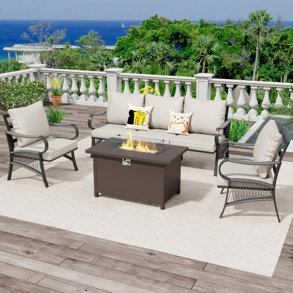4 Piece Patio Furniture Set with 50000 BTU Propane Fire Pit Table, All Weather Metal Outdoor Conversation Sofa Set with Thick Cushions for Garden, Porch, Lawn, Beige