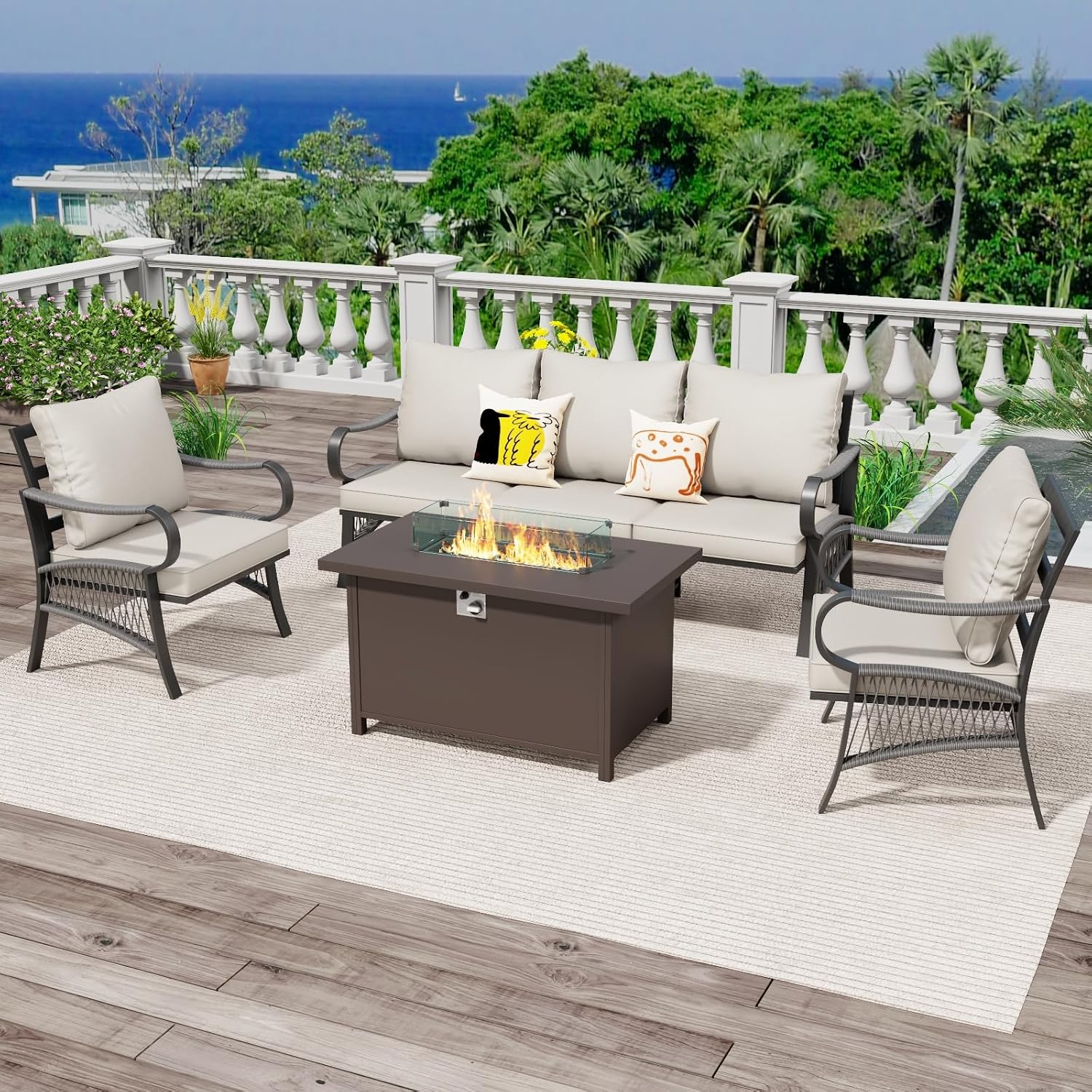 4 Piece Patio Furniture Set with 50000 BTU Propane Fire Pit Table, All Weather Metal Outdoor Conversation Sofa Set with Thick Cushions for Garden, Porch, Lawn, Beige