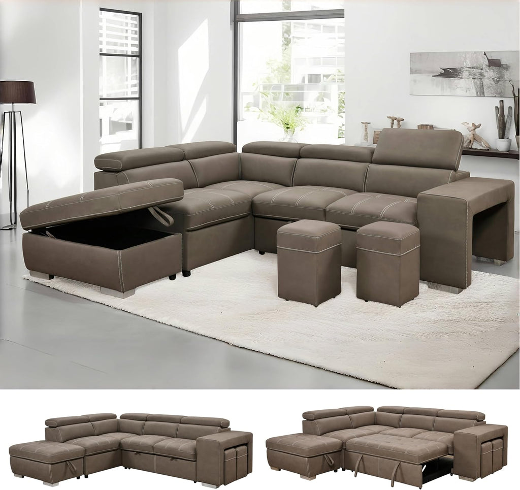THSUPER 104'' Microfiber L Shaped Sectional Sleeper Sofa Couch with Pull Out Bed and Storage Ottoman, Convertible Couches with Adjustable Headrest for Living Room, Left Facing Chaise. Light Brown