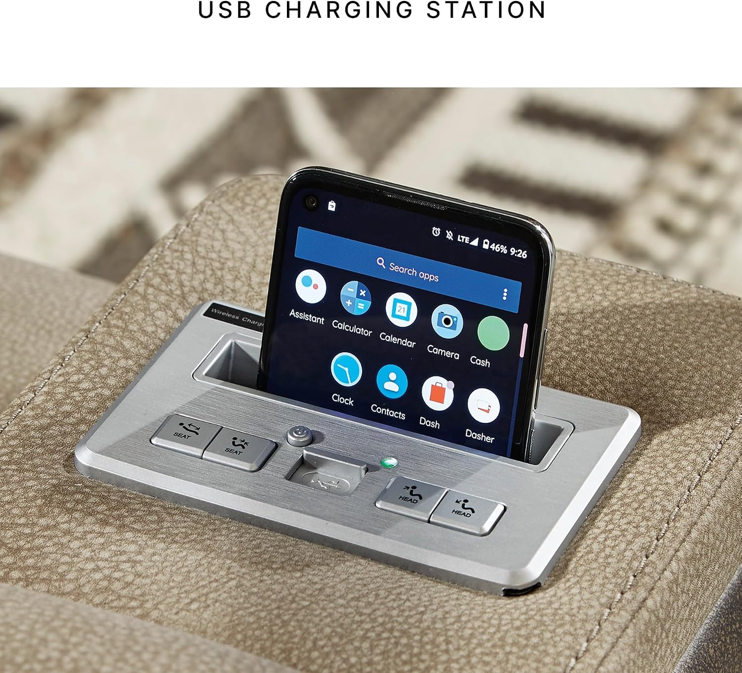 Signature Design by Ashley Next-Gen DuraPella Power Reclining Sofa – Wireless & USB Charging, Zero-Gravity, Adjustable Headrest, Water-Repellent Faux Leather, Drop-Down Table, Beige/Brown, 86'