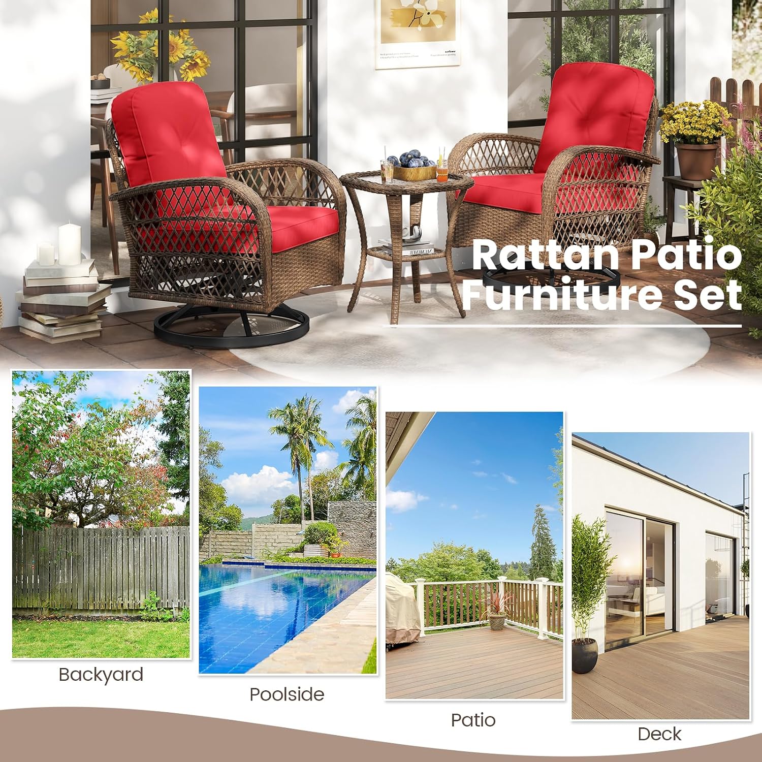 ORALNER 3 Pieces Wicker 360° Swivel Rocker Set Patio Furniture, Rocking Chairs with Cushions, Tempered Glass Coffee Table, Outdoor Rattan Bistro Set for Balcony Front Porch Deck Poolside (Red)