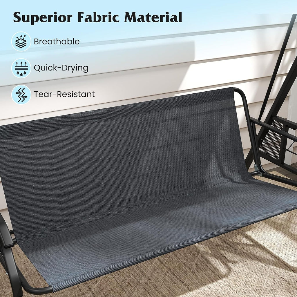 Tangkula 3 Person Porch Swing, Outdoor Swing with Adjustable Canopy, Thickened Cushions & Pillow, Metal Frame, Foldable Side Tray for Backyard, Garden and Poolside (Grey)