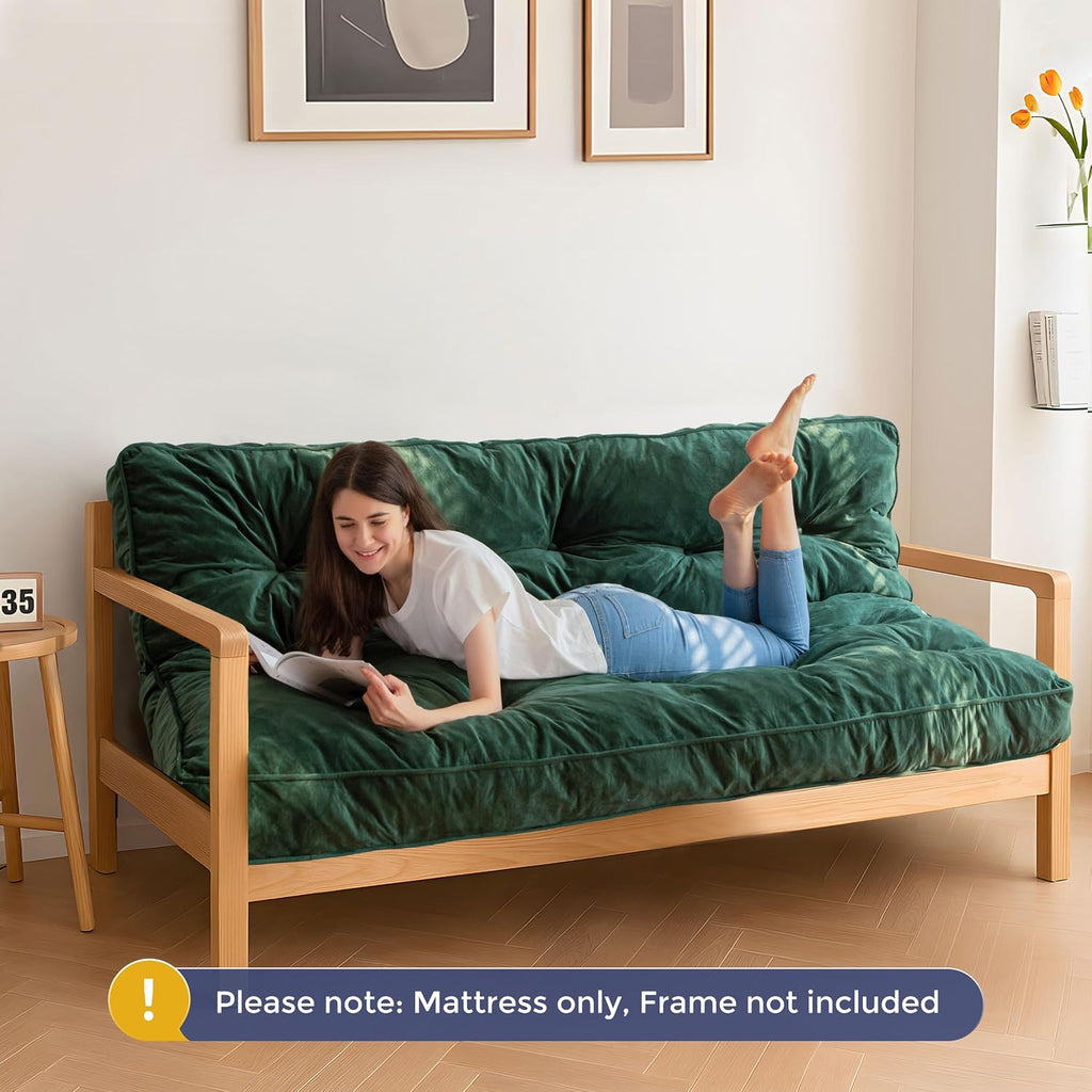MAXYOYO 6' Futon Mattress Full Size, Velvet Thick Futons Sofa Couch, Versatile Floor Mattress for Adults (Frame Not Included), Green