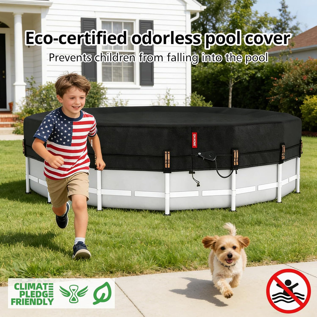 QH.HOME 33ft Round Pool Cover,[Ultimate Windproof & Tear-Resistant Fabric],Snug Fit with Patented Ratchet & Weight Rings,Solar Pool Cover for Above Ground Pools, Blocks Leaves &Waterproof