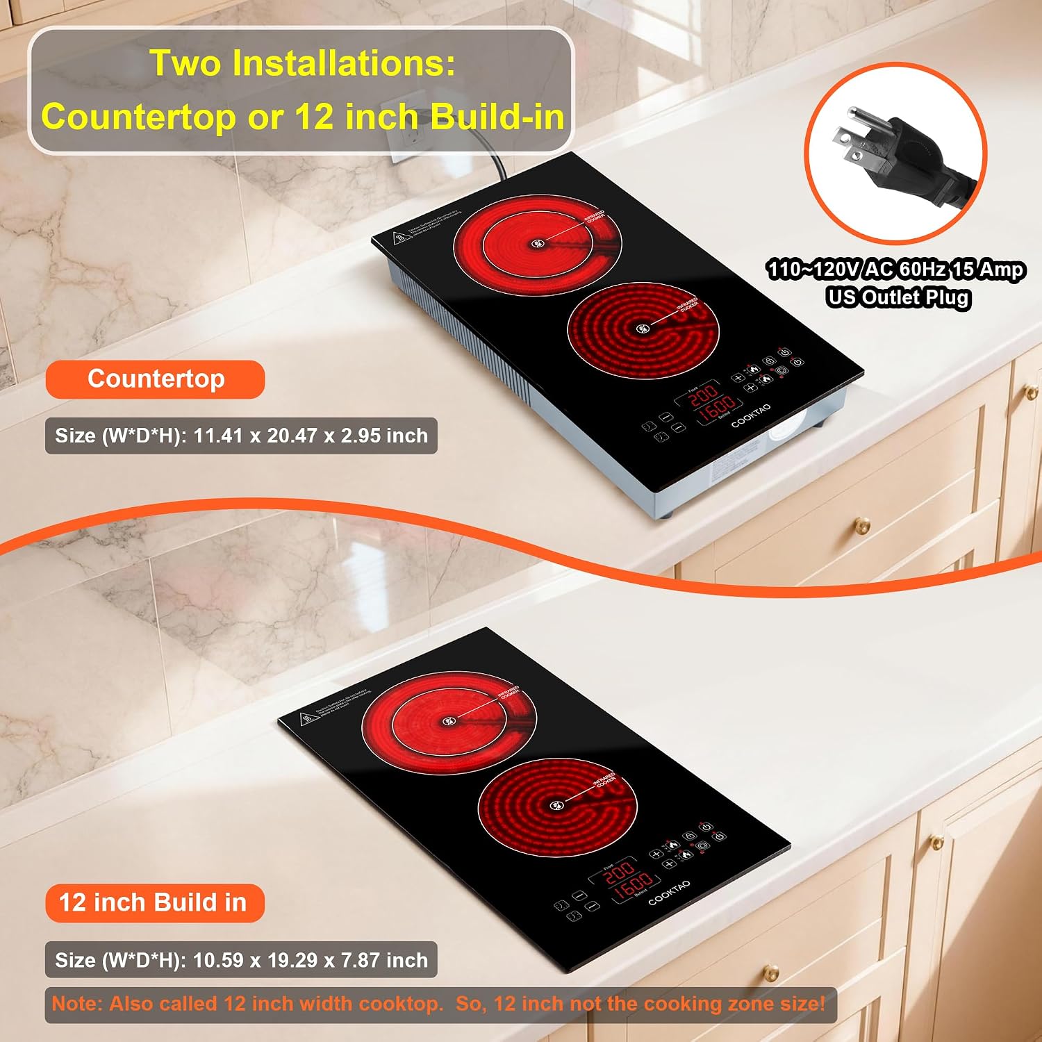 Dual Heating Coil Design of 2 Burner Electric Cooktop, 1800W Commercial Ceramic Infrared Cooking Hot Plate, Portable Countertop or Built-in Radiant Stove Top Cooker with WATT and TEMP Control