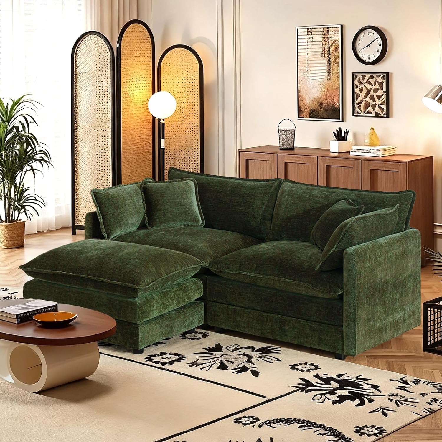 SoarFlash Chenille Sectional Sofa, Comfy L Shaped Modular Coush Sofa with Ottoman, Modern 2 Seat Couch Deep Seat Sofa Set for Living Room,Green