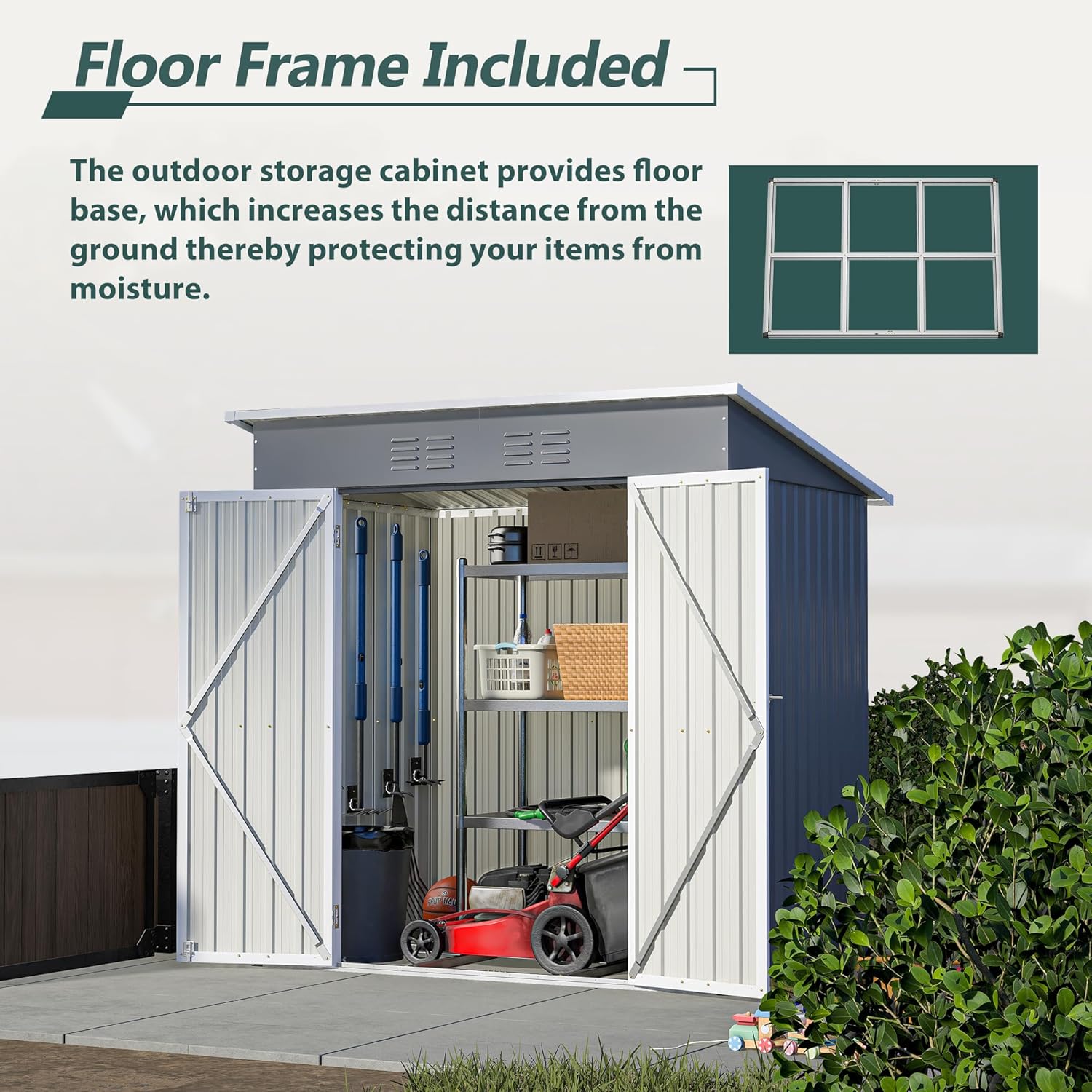 KEIKI Storage Shed 6x4 FT, Small Metal Tool Shed for Outdoor Storage, Galvanized Steel Garden Shed with Floor & Lockable Doors for Patio, Backyard, Lawn, Grey