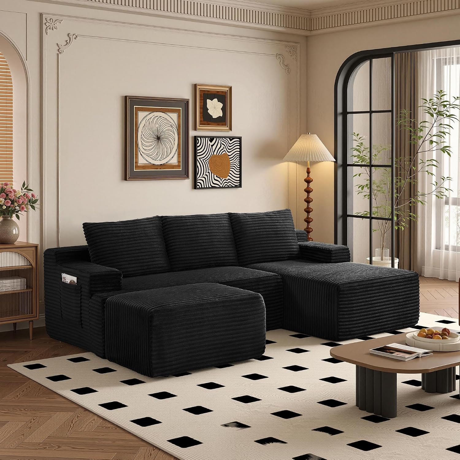 96' Sectional Couches for Living Room Cloud Couch Sofa with L-Shape Upholstered Boneless Couchs Modern Modular Sectional Couch with Chaise (Black, 96' W+Right Facing Chaise+2Seaters+Ottoman)