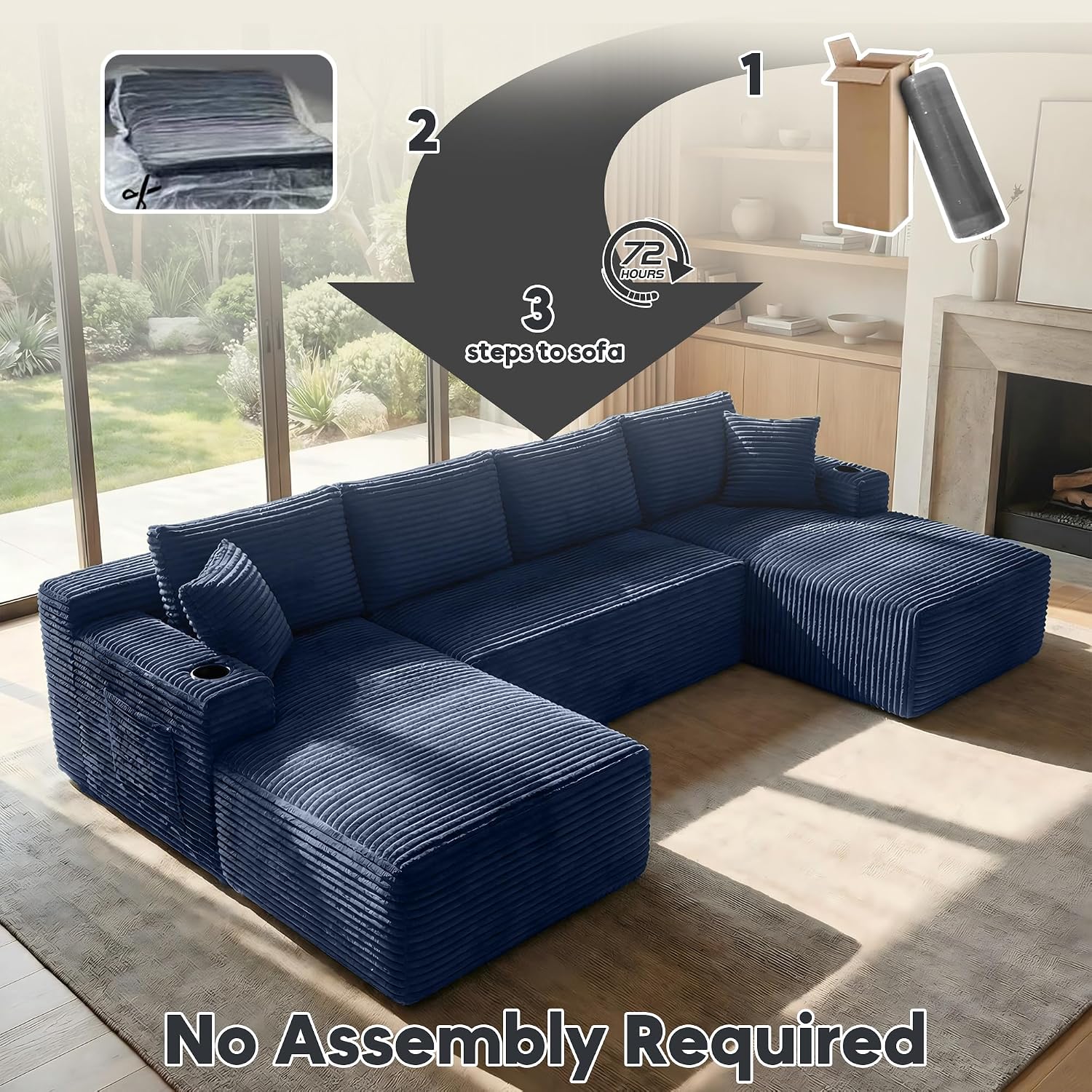 125' Oversized Cloud Boneless Couch with Chaise, Modern Modular Sofa with Deep Seat, Corduroy Upholstered U Shaped Couch for Living Room, No Assembly Required (Blue)