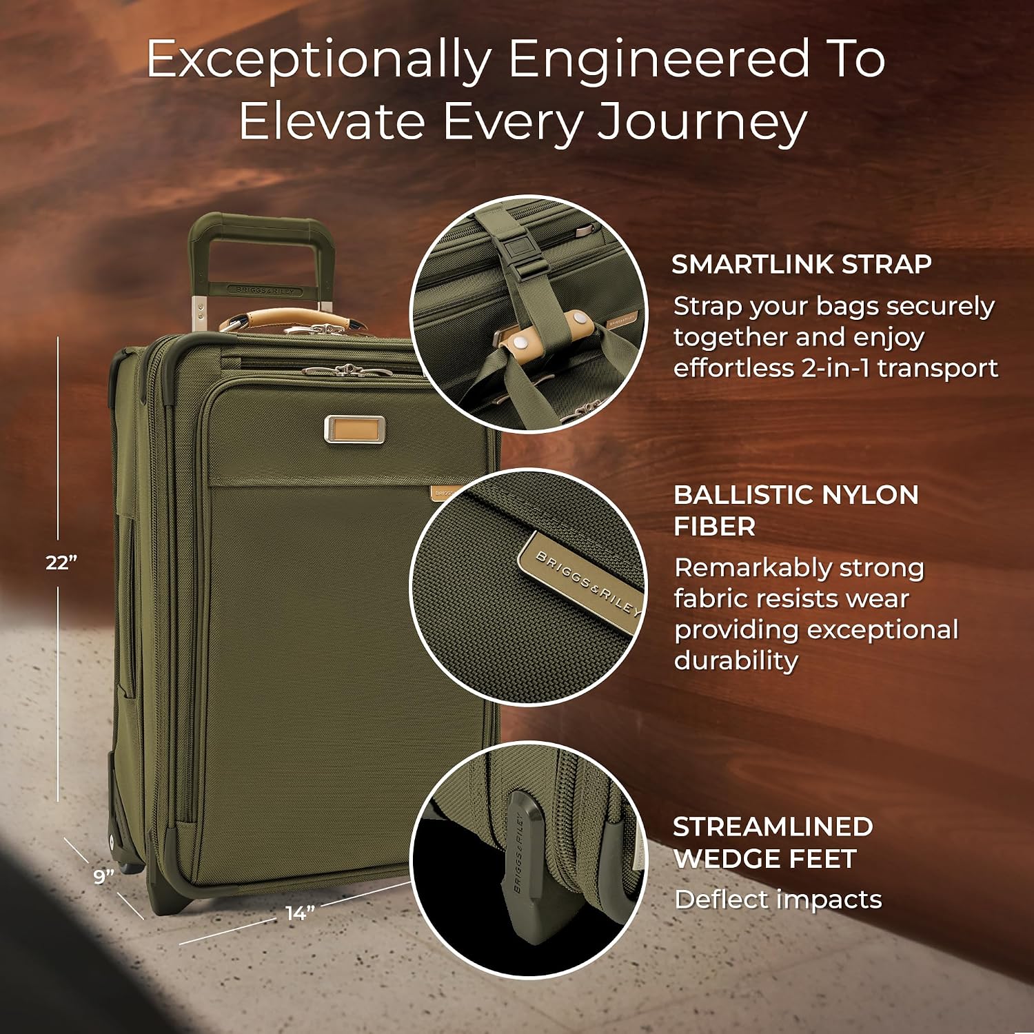 Briggs & Riley Essential 22' 2-Wheel Expandable Carry On - Luggage for Travel, Suitcases with Wheels, Softside Rolling Bag for Men & Women, Self-Repairing Zipper - Baseline Collection, Olive