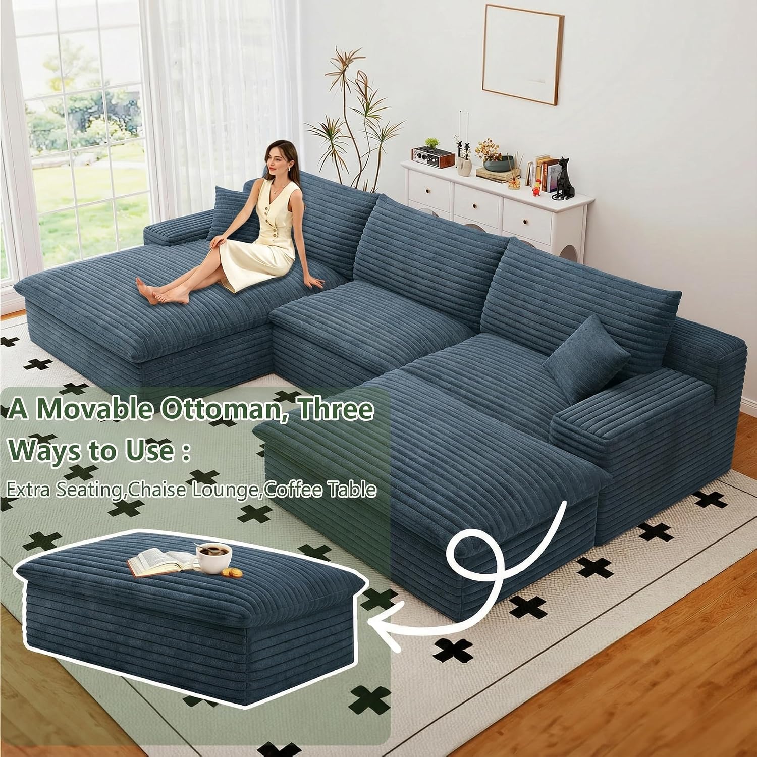 107' Cloud Couch Modular Sectional Sofa for Living Room, U-Shape Boneless Couch with Deep Seat, Modern Corduroy 3-Seater with Ottoman, No Assembly Required (Blue,Left-Facing Chaise)