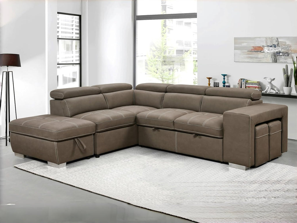 THSUPER 104'' Microfiber L Shaped Sectional Sleeper Sofa Couch with Pull Out Bed and Storage Ottoman, Convertible Couches with Adjustable Headrest for Living Room, Left Facing Chaise. Light Brown