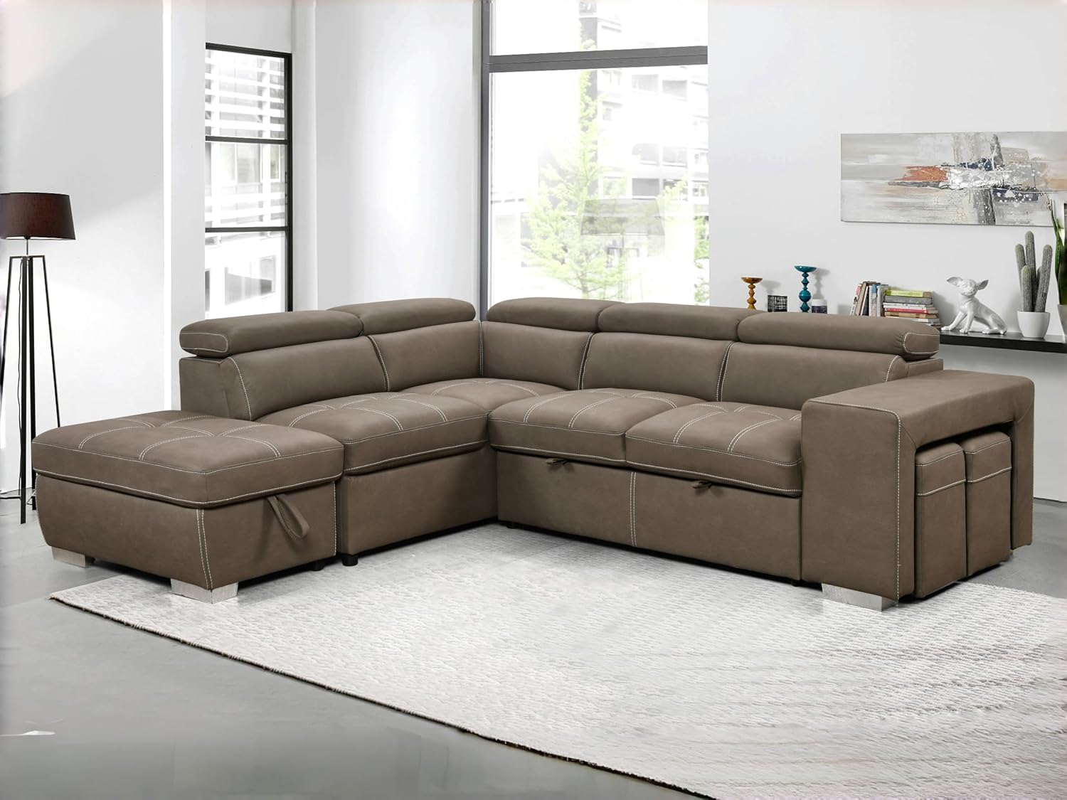 THSUPER 104'' Microfiber L Shaped Sectional Sleeper Sofa Couch with Pull Out Bed and Storage Ottoman, Convertible Couches with Adjustable Headrest for Living Room, Left Facing Chaise. Light Brown