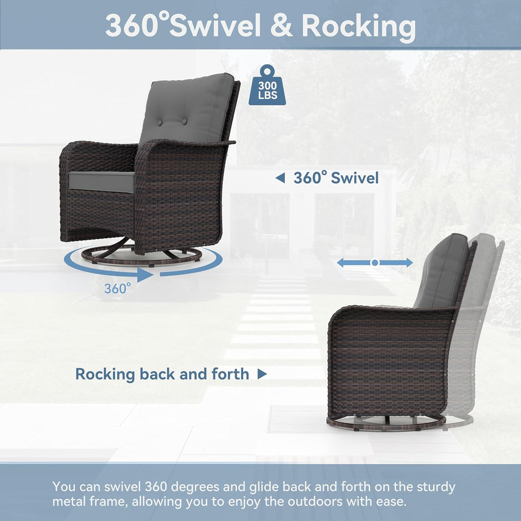 Kurapika 3 Pieces Patio Furniture Set Outdoor Swivel Gliders Rocker, Wicker Patio Bistro Set, Rattan Rocking Chair with Tempered Glass Side Table and Thickened Cushions (Grey)