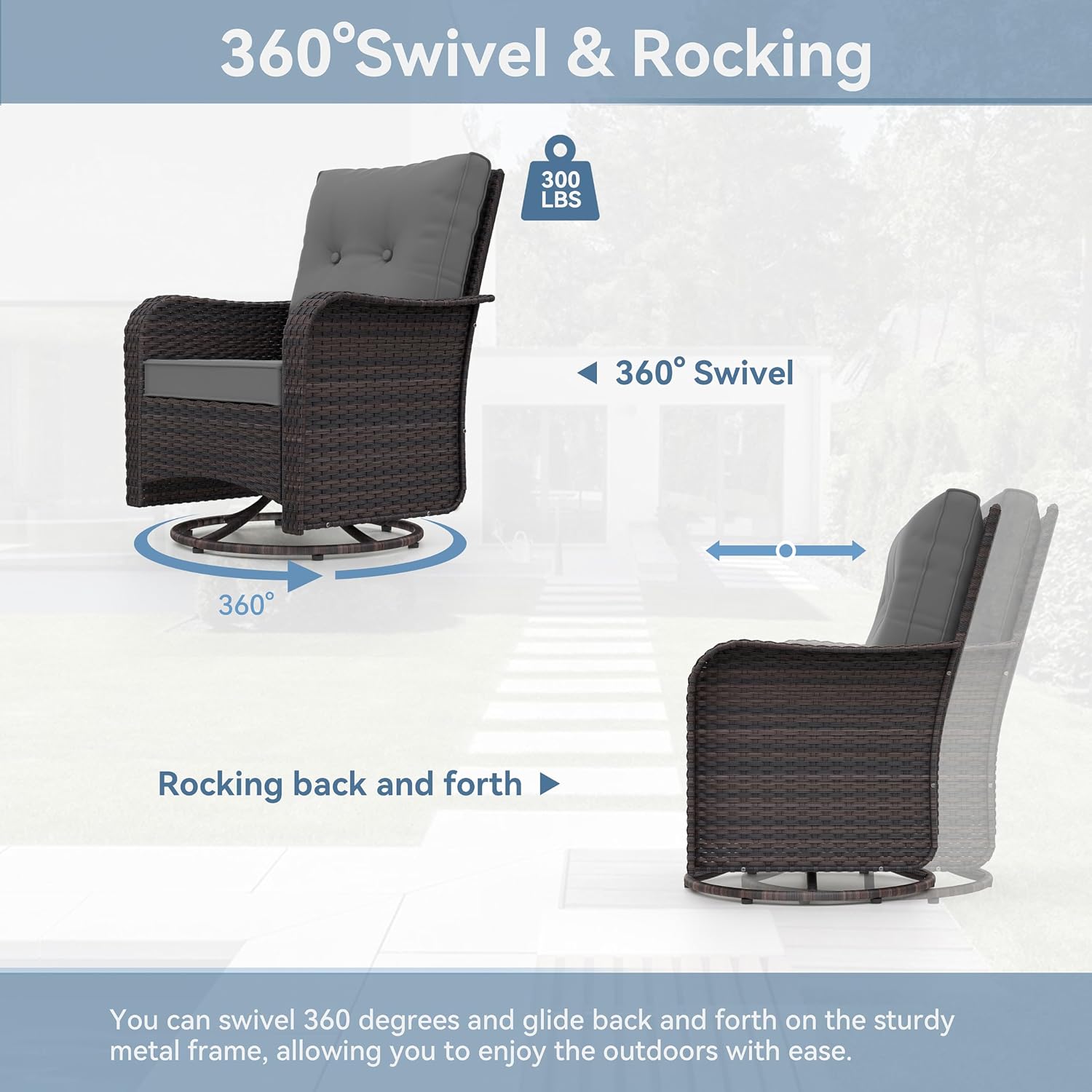 Kurapika 3 Pieces Patio Furniture Set Outdoor Swivel Gliders Rocker, Wicker Patio Bistro Set, Rattan Rocking Chair with Tempered Glass Side Table and Thickened Cushions (Grey)