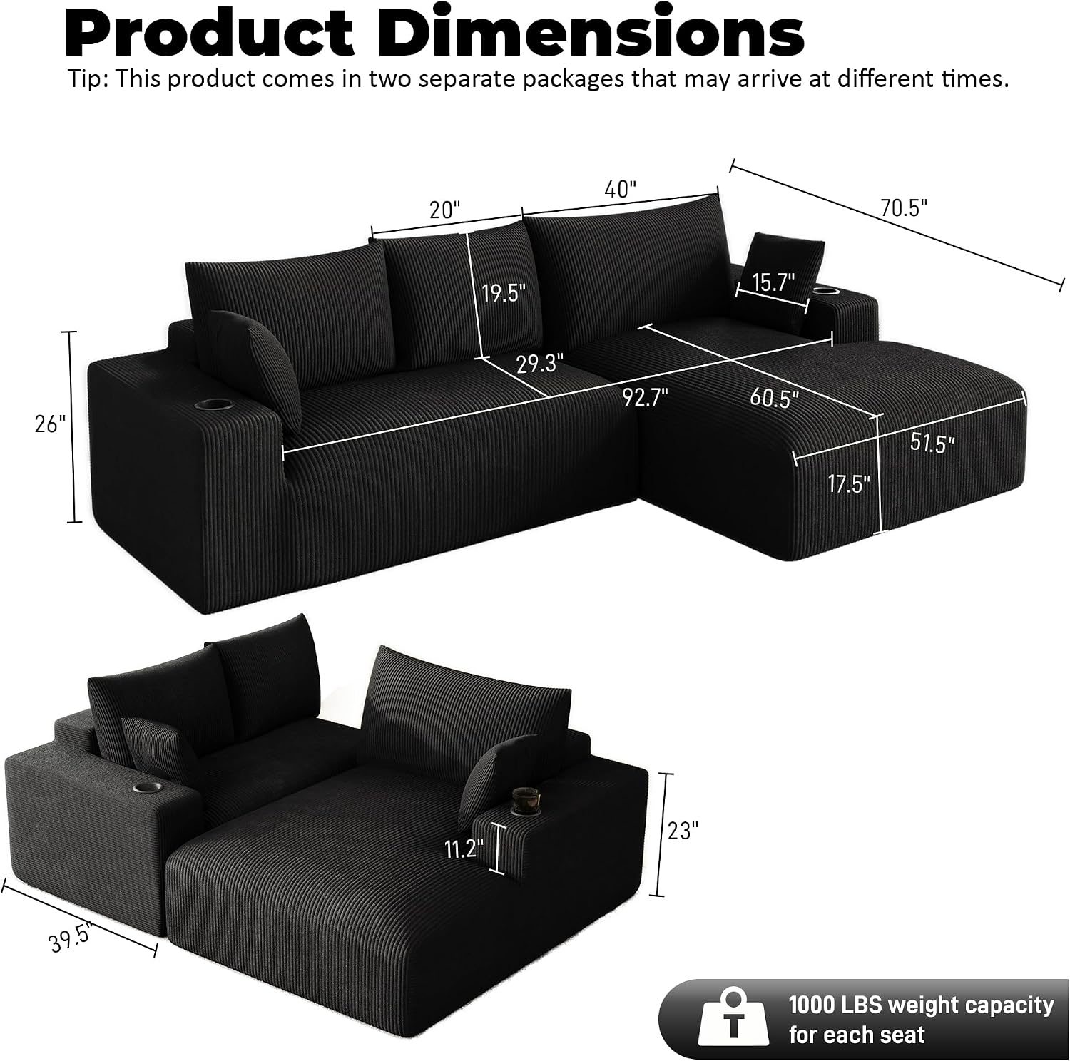 Oversized L Shaped Boneless Couch with Wide Right-Facing Chaise, 113' Fluffy Cloud Sectional Couches for Living Room, Plush Corduroy Memory Foam Modular Sectional Sofa with Cup Holder, Black