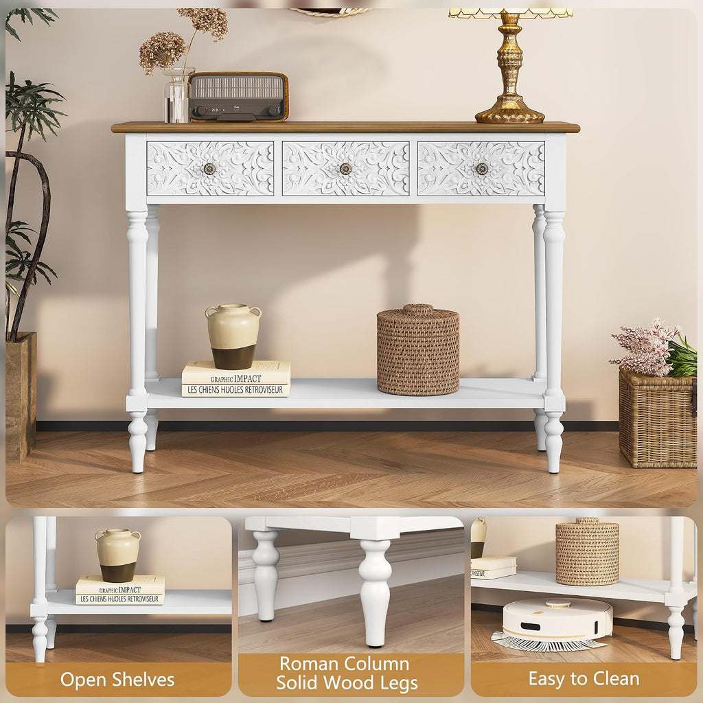 3More Entryway Console Table with 3 Drawers,42' Carved Hallway Table with Open Shelf,Long Sofa Table for Living Room, Hallway, Behind Couch,White