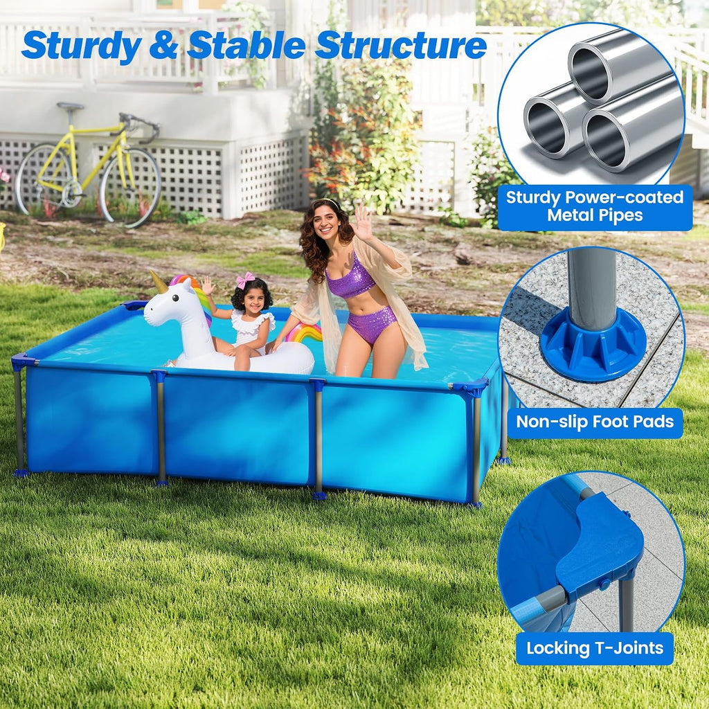 Moccha 8.5' x 6' Rectangle Above Ground Pool - Metal Frame Family Pool Set with PVC Fabric, 3 Stoppers & Drainage Valve Connector, Outdoor Backyard Swimming Pool, 690 Gallons of Water