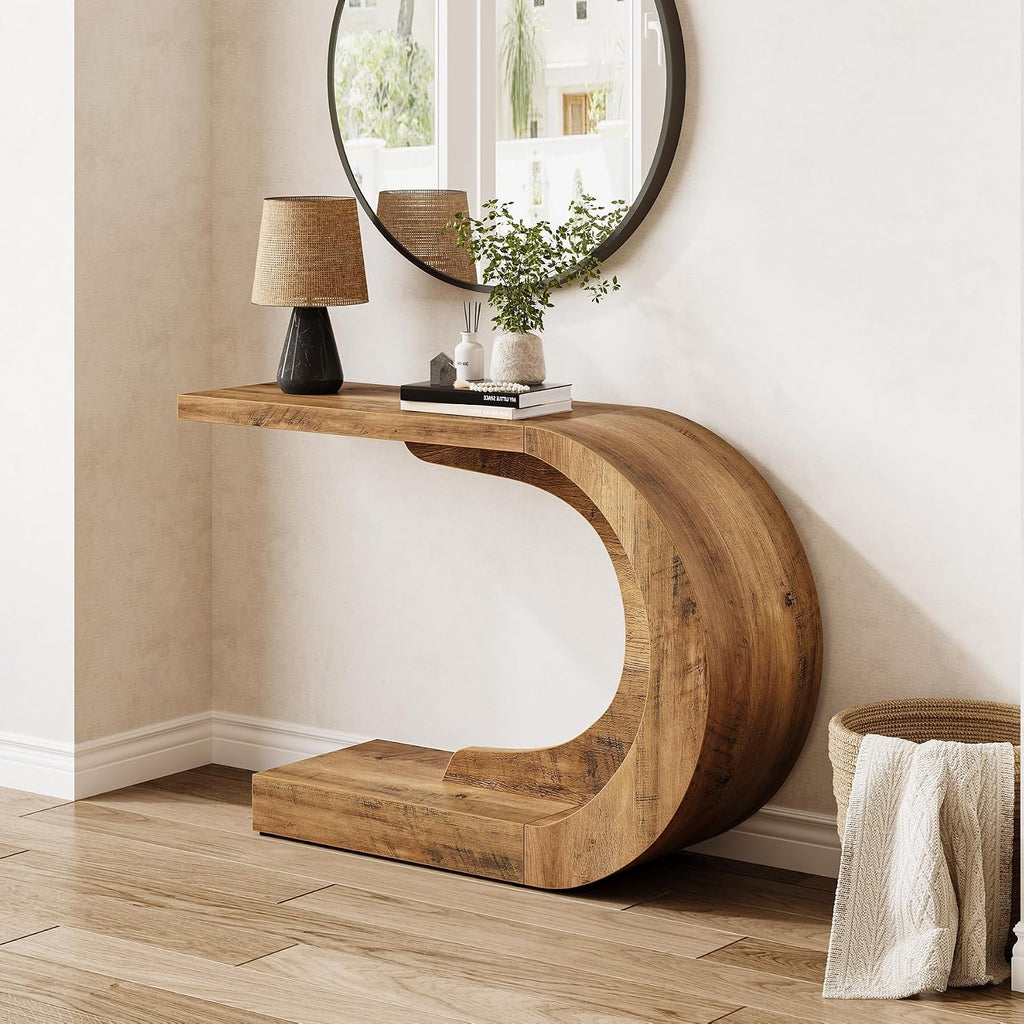 LITTLE TREE 43.3-Inch Farmhouse Console Table, 2-Tier C-Shaped Sofa Table Behind The Couch, Wooden Narrow Entryway Hallway Foyer Table for Living Room, Entrance, Rustic Brown