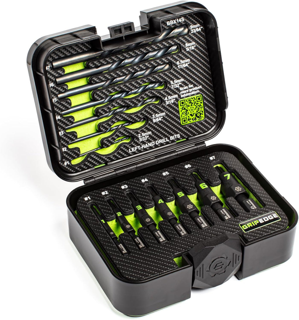 GRIPEDGE Tools | 14PC G-FORS Extractor Set | Sizes #1 - #7 | Left Hand Drill Bits Included | Removes Broken Studs, Stripped Bolts/Screws | Includes Premium Plastic Case with Foam Insert |