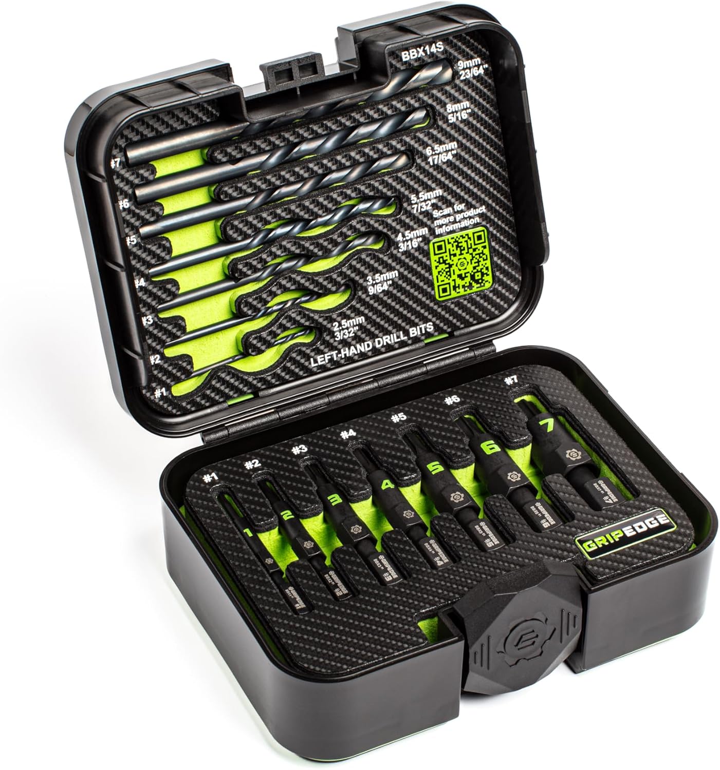 GRIPEDGE Tools | 14PC G-FORS Extractor Set | Sizes #1 - #7 | Left Hand Drill Bits Included | Removes Broken Studs, Stripped Bolts/Screws | Includes Premium Plastic Case with Foam Insert |