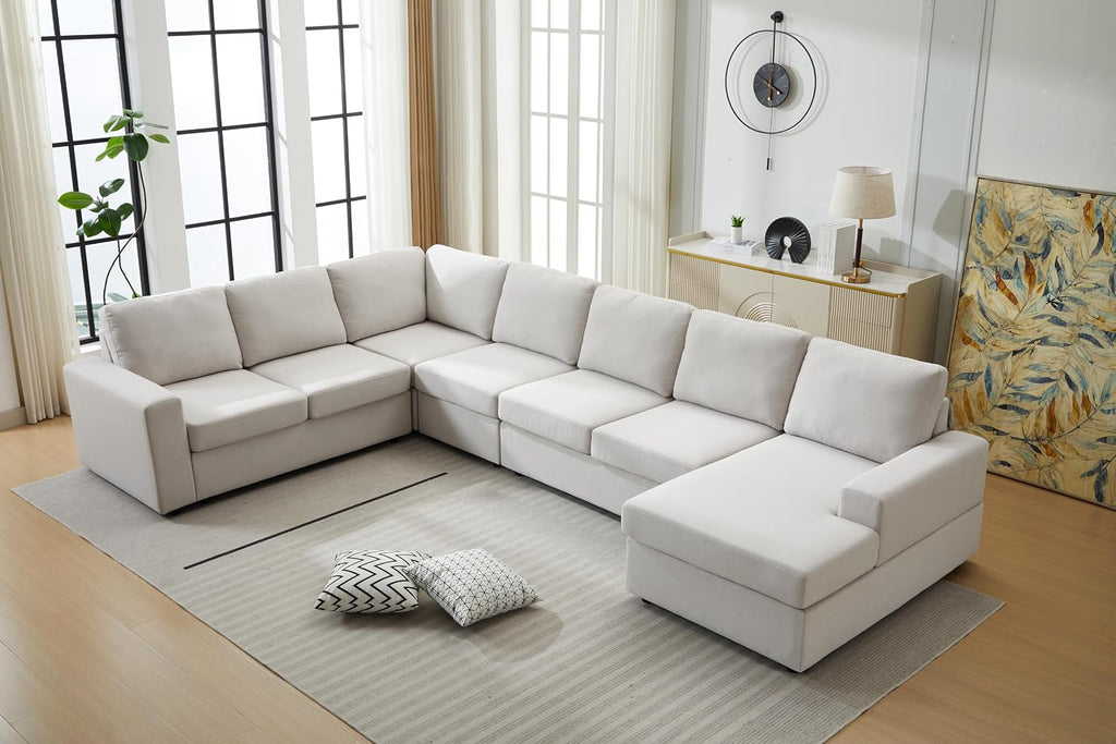 Ball & Cast 147' L-Shaped Sectional Couch for Living Room with Reversible Chaise & Removable Back Cushions,7 Seat Linen Upholstered Convertible Sectional Sofa Set,DIY Combination,for Home,Office,Beige