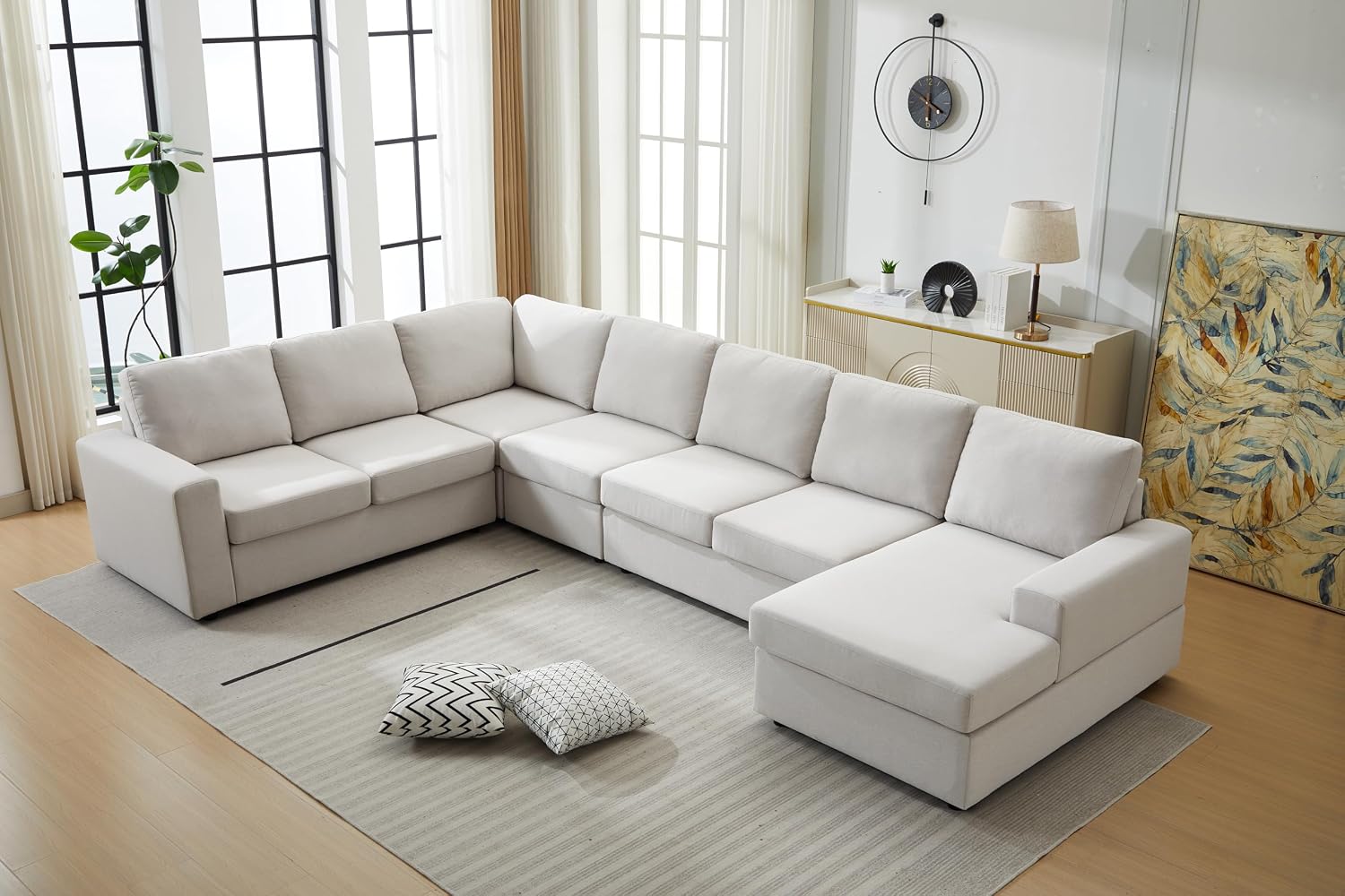Ball & Cast 147' L-Shaped Sectional Couch for Living Room with Reversible Chaise & Removable Back Cushions,7 Seat Linen Upholstered Convertible Sectional Sofa Set,DIY Combination,for Home,Office,Beige