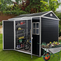 Outdoor Resin Garden Shed with Double Doors, Floor and 2 Windows, Plastic Patio Outdoor Storage Shed with Lockable Door for Garden Tools, Bicycles, Trash Cans
