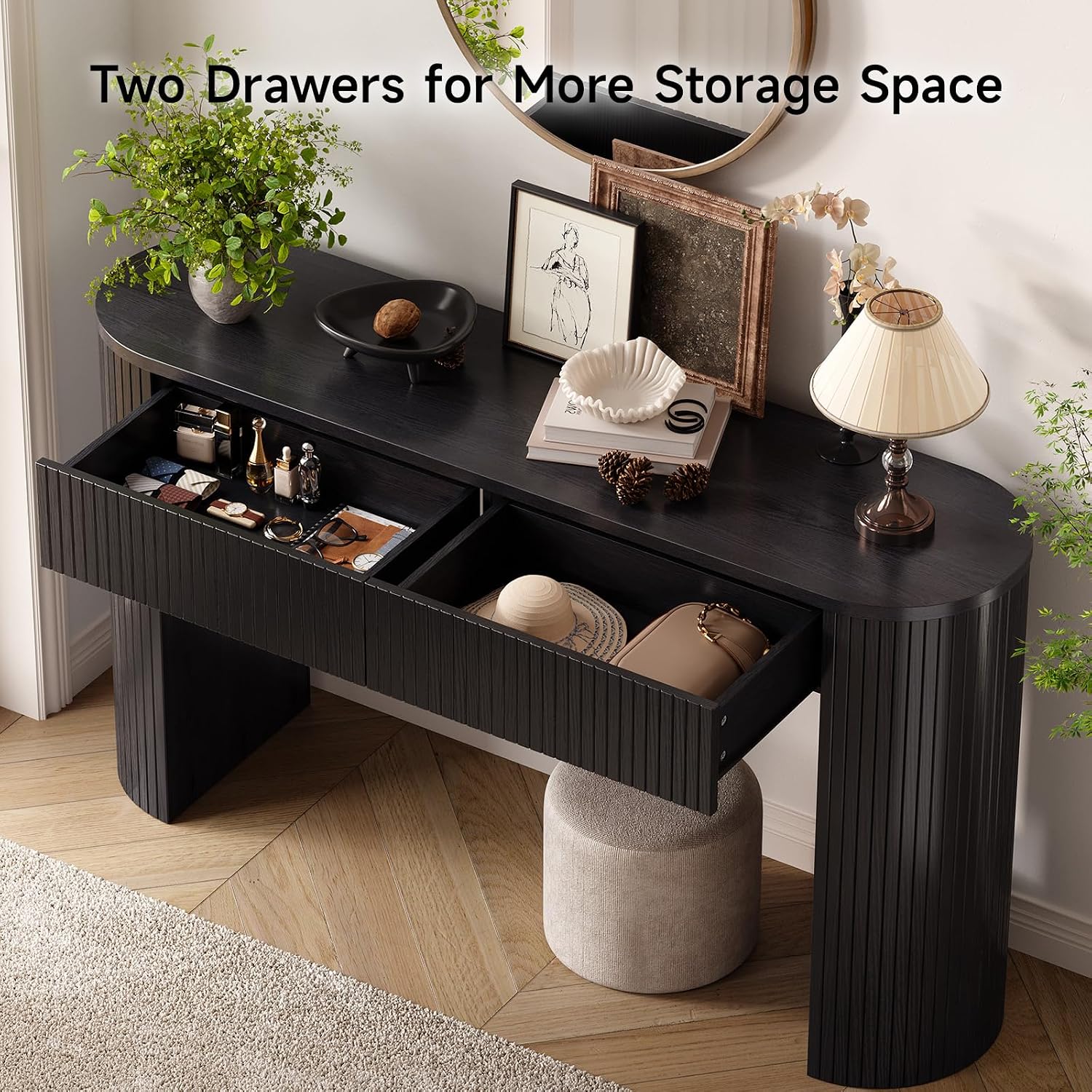 55 Inch Console Table with 2 Drawers, Fluted Entryway Tables with Storage, Sofa Table Behind The Couch, Hallway Tables, Mid-Century Modern Foyer Table for Entryway, Hallway, Living Room, Black