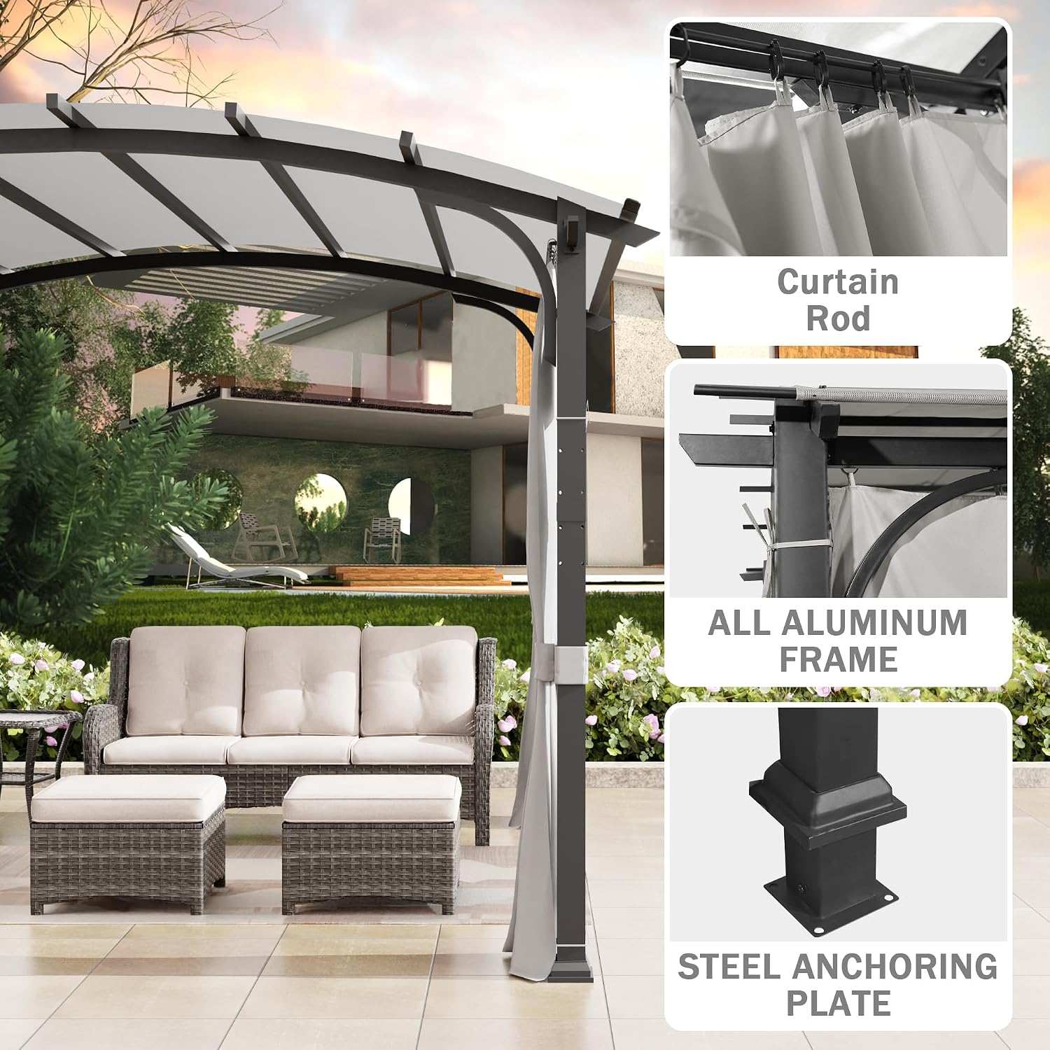 Meetleisure 11'x11' Outdoor Pergola with Sidewalls - Arched Top Outdoor Pergola with Metal Steel Frame and Textilene Top Canopy, Ideal for BBQ Party & Family Gathering, Grey Top