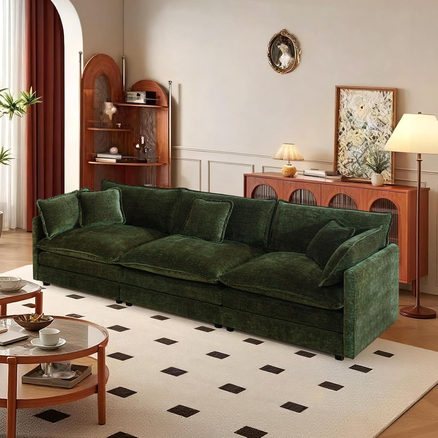 SoarFlash Chenille Sectional Sofa, Comfy Modular Loveseat Sofa, Modern 3-Seat Couch Deep Seat Sofa Set for Living Room,Green