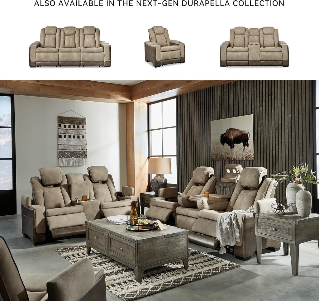 Signature Design by Ashley Next-Gen DuraPella Power Reclining Sofa – Wireless & USB Charging, Zero-Gravity, Adjustable Headrest, Water-Repellent Faux Leather, Drop-Down Table, Beige/Brown, 86'