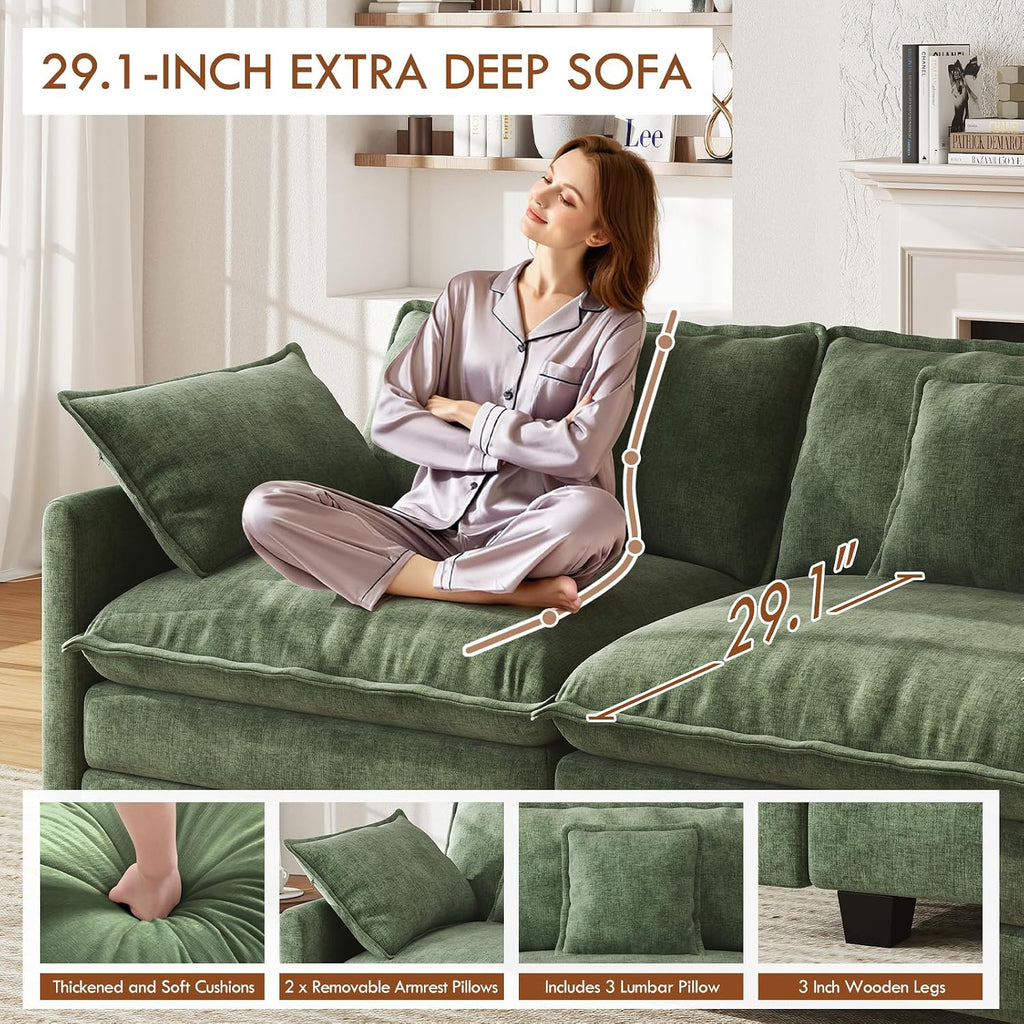 WorthFurni 111.4' Modular Sectional Sofa, U Shape Cloud Couch with 2 Movable Ottoman, Comfy Chenille Deep Seat Sofa with Soft Pillows for Living Room Apartment (Green)