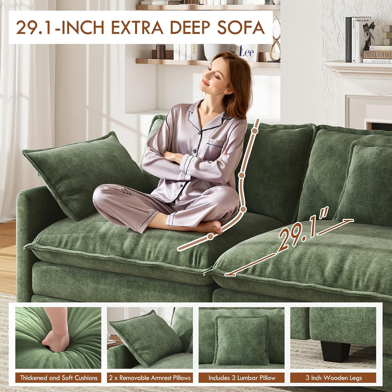 WorthFurni 111.4' Modular Sectional Sofa, U Shape Cloud Couch with 2 Movable Ottoman, Comfy Chenille Deep Seat Sofa with Soft Pillows for Living Room Apartment (Green)