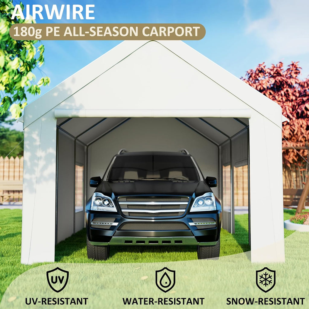 AirWire 12'x20' Heavy Duty Carport with All-Season Tarp, Portable Car Tent Garage with Roll-Up Windows & Side-Opening Door, Enclosed Car Port Canopy with Reinforced Base for Truck, Boat, White