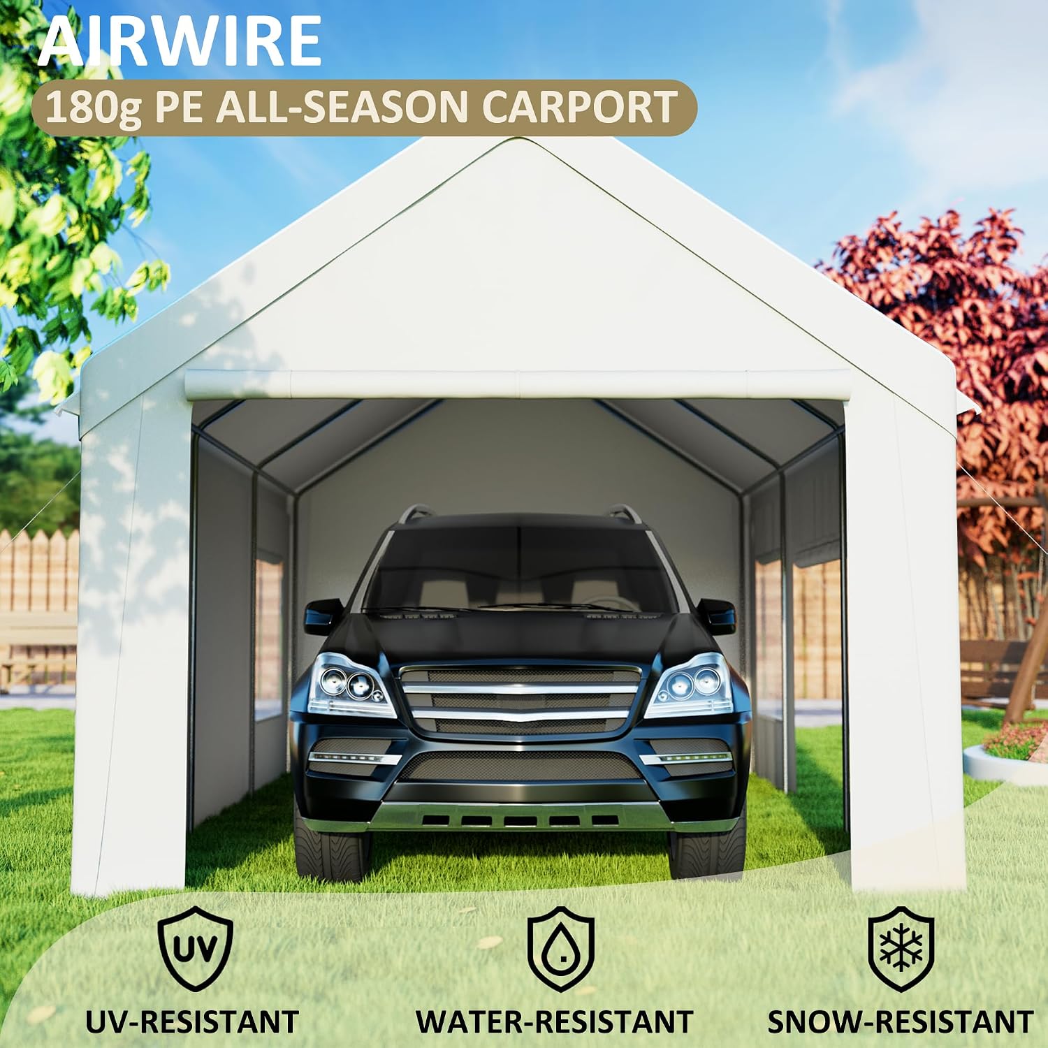 AirWire 12'x20' Heavy Duty Carport with All-Season Tarp, Portable Car Tent Garage with Roll-Up Windows & Side-Opening Door, Enclosed Car Port Canopy with Reinforced Base for Truck, Boat, White