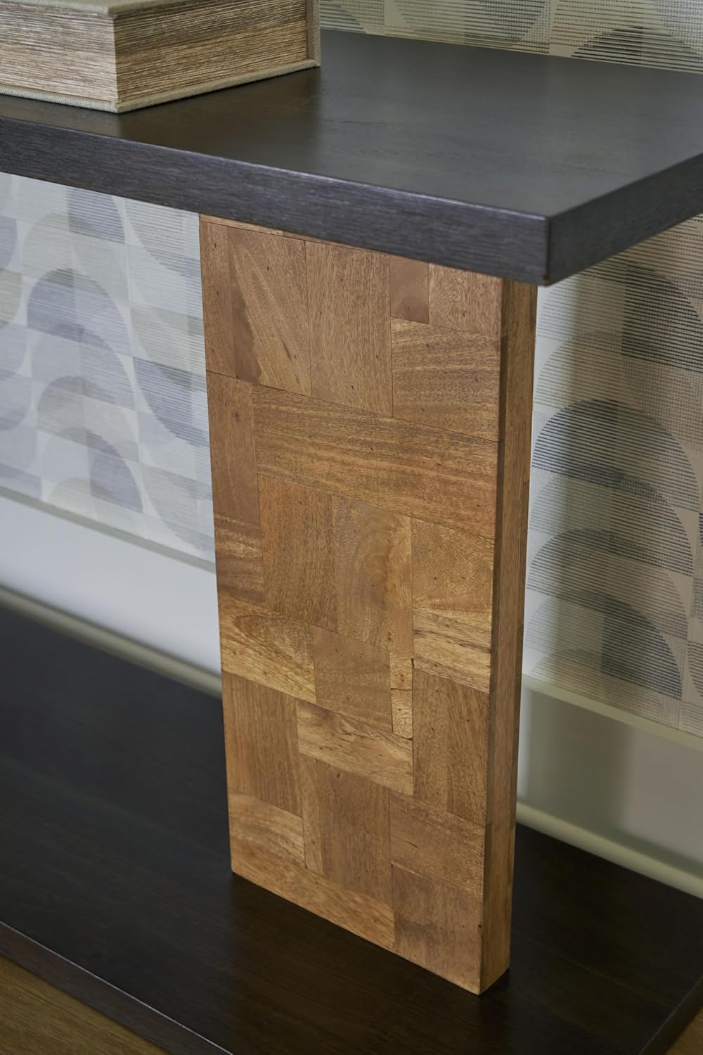 Signature Design by Ashley Camlett Contemporary Console Sofa Table with Shelf and Patchwork Patterned Support Post, Dark Brown & Light Brown