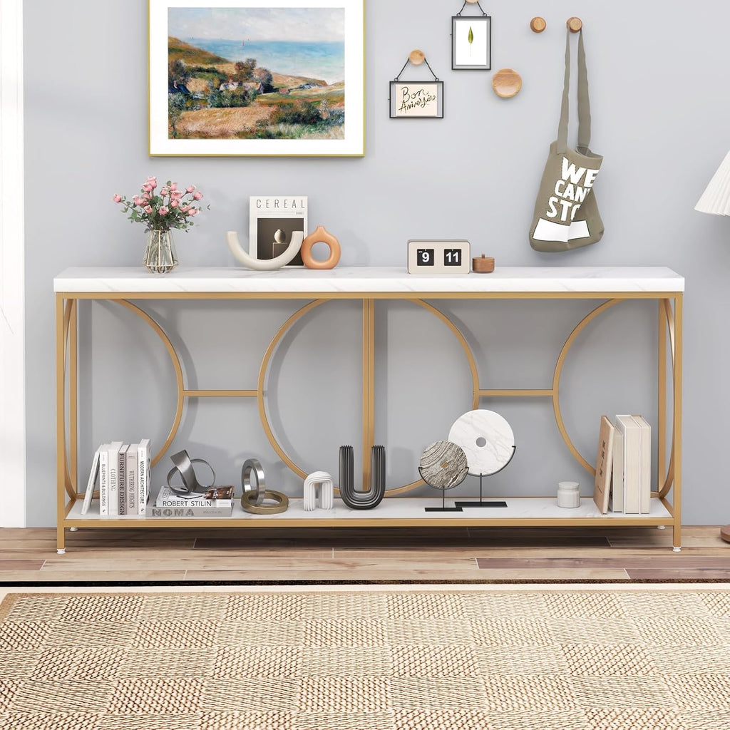 Giantex 71' Console Table, 2-Tier Extra-Long Gold Entryway Table w/Storage Shelf, Faux Marble Top, Narrow Sofa Table with Geometric Frame, Behind Couch Entry Table for Living Room, Hallway, Foyer