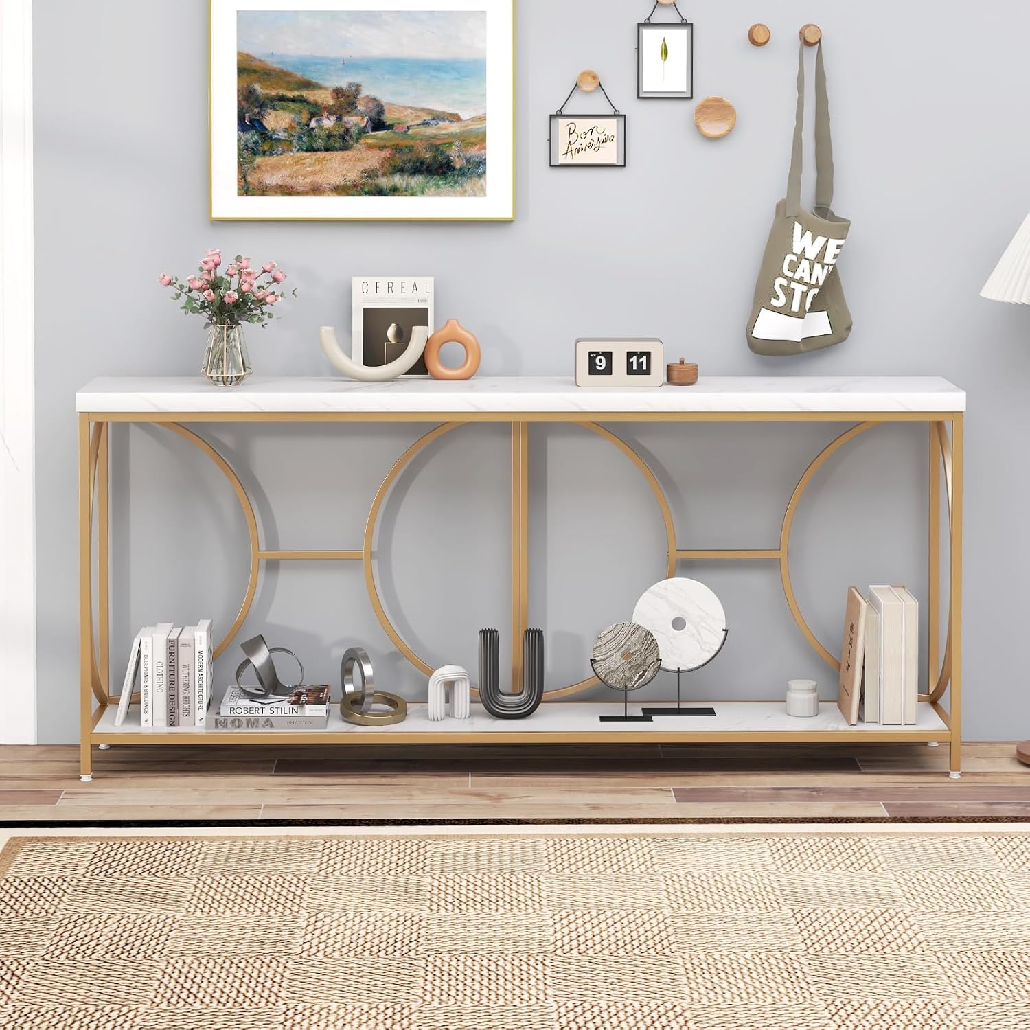 Giantex 71' Console Table, 2-Tier Extra-Long Gold Entryway Table w/Storage Shelf, Faux Marble Top, Narrow Sofa Table with Geometric Frame, Behind Couch Entry Table for Living Room, Hallway, Foyer