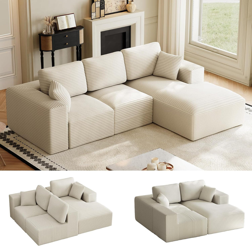 109' L-Shaped Boneless Cloud Sectional Couches, Comfy Corduroy Fluffy Modular Sectional Sofa with Right-Facing Chaise, Deep Seat Memory Foam Plush Couch for Living Room, Small Spaces, Beige White
