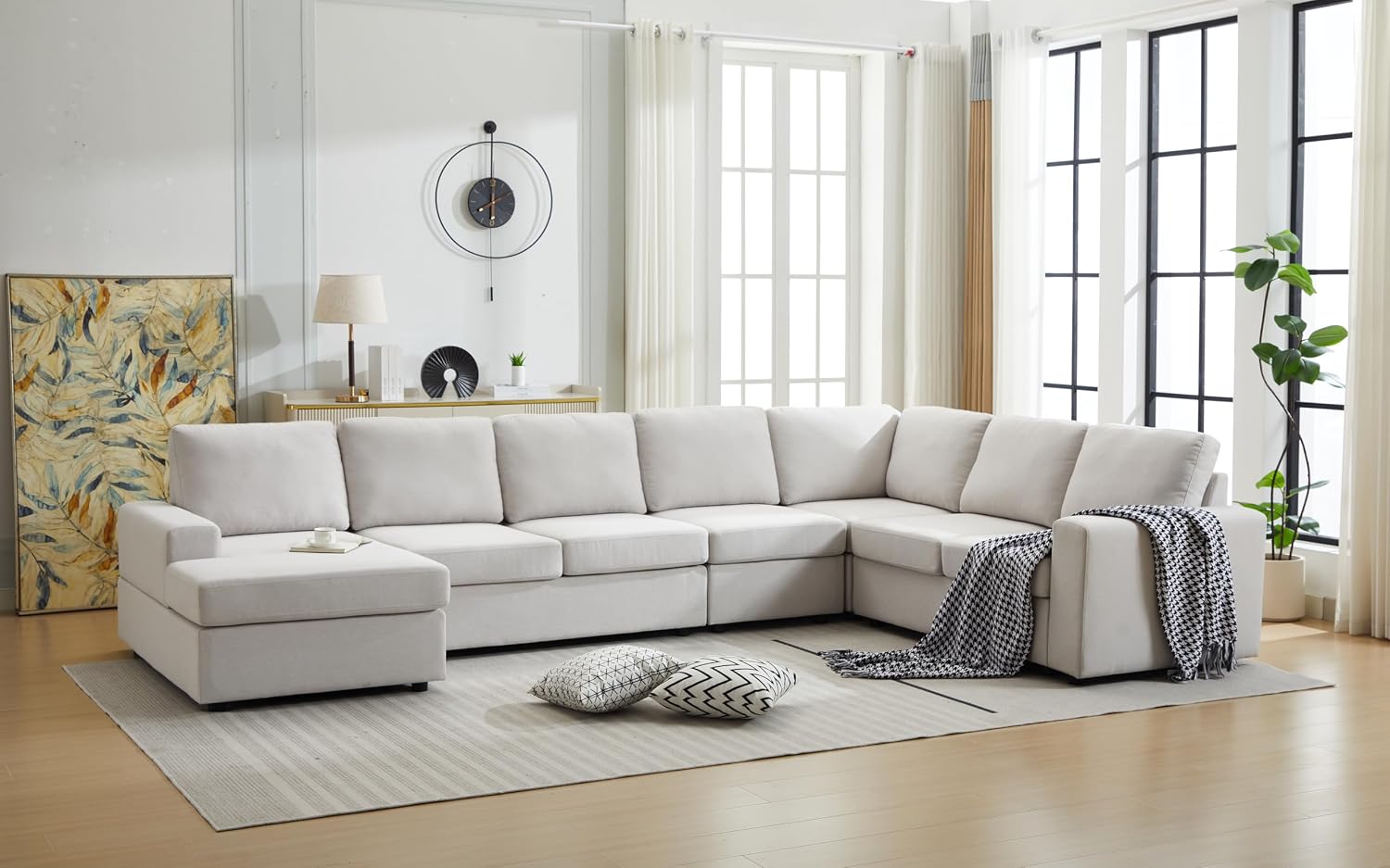 Ball & Cast 147' L-Shaped Sectional Couch for Living Room with Reversible Chaise & Removable Back Cushions,7 Seat Linen Upholstered Convertible Sectional Sofa Set,DIY Combination,for Home,Office,Beige