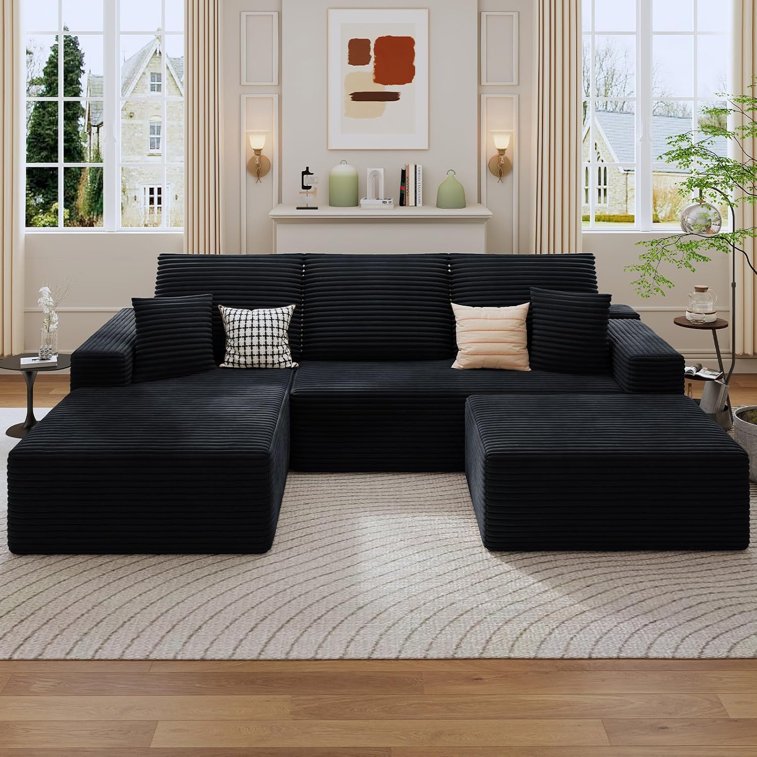 107' Cloud Sectional Couch with U-Shaped Chaise, Corduroy Sectional Sofa with Ottoman, Boneless Couch with Deep Seat in a Box for Living Room, No Assembly Required (Black, Left Facing Chaise)