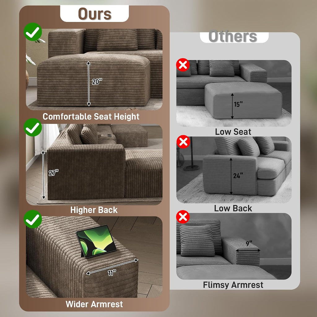 152' Oversized U Shaped Cloud Couches for Living Room, Fluffy Large Modular Sectional Sofa Set with Ottoman Chaise Comfy Corduroy Brown Boneless Couch with Cup Holder USB Port